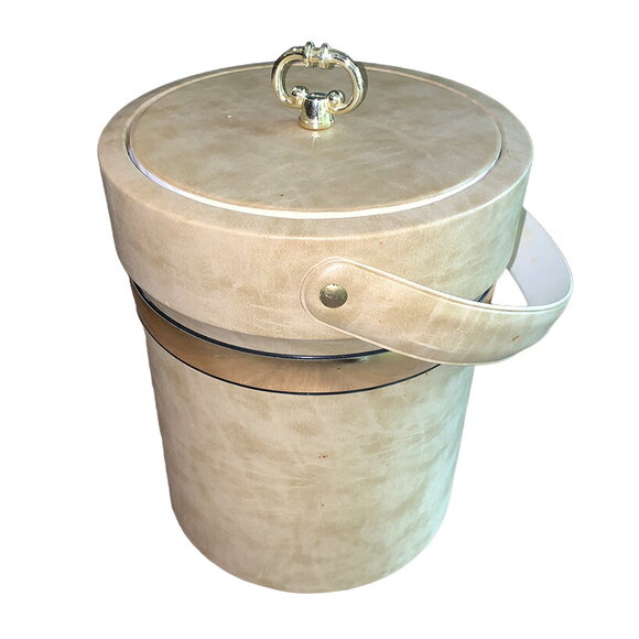 Vintage Insulated Ice Bucket Shelton-Ware/Leonard Silver Co. Ultrasuede NY Tan - Picture 2 of 9